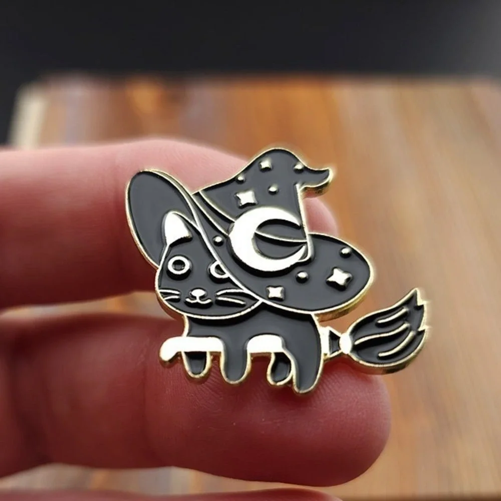 Witchy Kitty‎ Pin, riding a broom, cat enamel pin